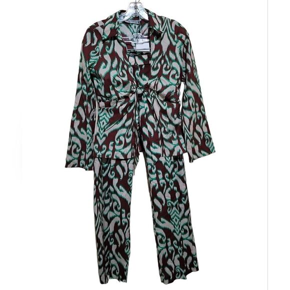 Zara Brown Green Cream Print Pant Set Sz Xsmall 100% Cotton NWT - Picture 7 of 10